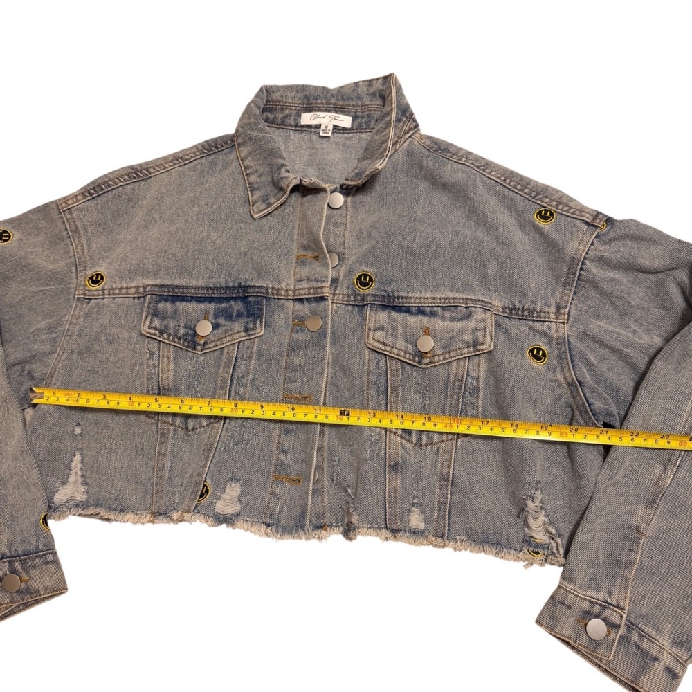 Cloud Ten Women's Size M Smiley Face Patch Cropped Denim Jean Jacket Grunge - Picture 8 of 10